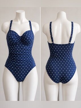 Navy Anchor Print Women One-Piece Swimsuit size Large L